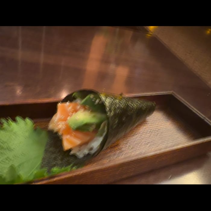 Salmon and Avocado Hand Roll.